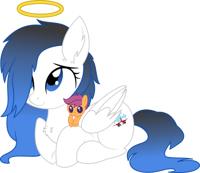 Size: 6181x5343 | Tagged: safe, artist:aureai, artist:cyanlightning, derpibooru import, scootaloo, oc, oc:frozen tears, unofficial characters only, pegasus, pony, 2019 community collab, derpibooru community collaboration, .svg available, absurd resolution, blushing, canon x oc, chest fluff, ear fluff, feels, female, folded wings, hair over one eye, halo, mare, memorial, plushie, right in the feels, simple background, sitting, the feels, transparent background, vector, wings