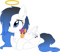 Size: 6181x5343 | Tagged: safe, artist:aureai, artist:cyanlightning, derpibooru import, scootaloo, oc, oc:frozen tears, unofficial characters only, pegasus, pony, 2019 community collab, derpibooru community collaboration, .svg available, absurd resolution, blushing, canon x oc, chest fluff, ear fluff, feels, female, folded wings, hair over one eye, halo, mare, memorial, plushie, right in the feels, simple background, sitting, the feels, transparent background, vector, wings