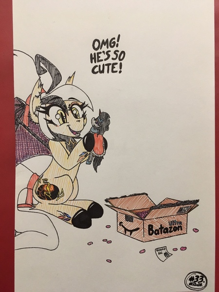 Size: 3024x4032 | Tagged: safe, artist:gtx, derpibooru import, king sombra, oc, oc:fever dream, unofficial characters only, bat pony, pony, bat pony oc, bat wings, female, mare, package, packing peanuts, plushie, solo, traditional art, wings