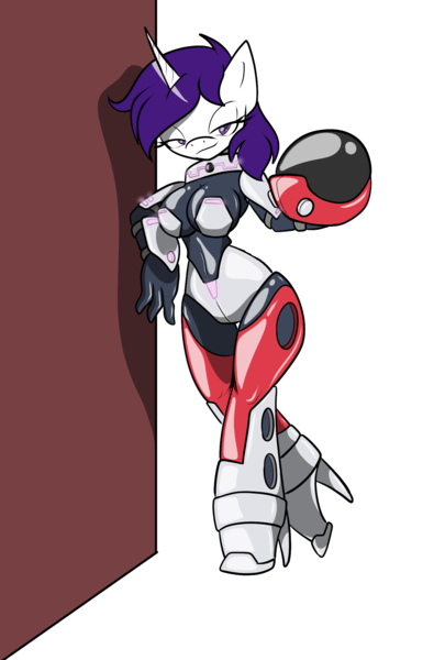 Size: 1378x2039 | Tagged: questionable, alternate version, artist:tinker-tock, derpibooru import, oc, oc:bass canon, anthro, unicorn, breasts, clothes, female, helmet, high heels, latex, latex suit, powered exoskeleton, shoes, simple background, solo