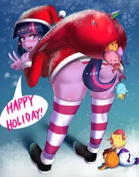 Size: 800x1023 | Tagged: suggestive, artist:tzc, derpibooru import, applejack, fluttershy, pinkie pie, rainbow dash, starlight glimmer, sunset shimmer, twilight sparkle, equestria girls, anime, breasts, butt, christmas, chubbie, clothes, dialogue, happy holidays, hat, holiday, looking back, panties, peace sign, sack, santa hat, santa sack, socks, speech bubble, striped socks, striped underwear, thigh highs, twibutt, underwear
