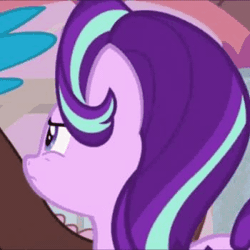 Size: 350x350 | Tagged: safe, derpibooru import, edit, edited screencap, editor:axal-5, screencap, discord, starlight glimmer, draconequus, pony, unicorn, a matter of principals, animated, boop, cropped, female, food, frown, gif, glare, gritted teeth, male, mare, nose wrinkle, ouch, popcorn, rubbing, sad, solo focus, text edit, violent booping, wide eyes
