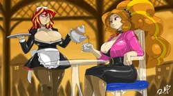 Size: 2626x1453 | Tagged: suggestive, artist:shonuff44, derpibooru import, adagio dazzle, sunset shimmer, human, equestria girls, rainbow rocks, big breasts, breasts, busty adagio dazzle, busty sunset shimmer, chair, cleavage, clothes, cup, female, food, huge breasts, humanized, hypnosis, latex, latex stockings, maid, serving tray, story in the source, swirly eyes, table, tea, tea time, teacup, teapot