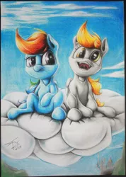 Size: 1849x2601 | Tagged: safe, artist:thatdreamerarts, derpibooru import, derpy hooves, rainbow dash, pegasus, pony, cloud, duo, female, folded wings, mare, mood contrast, on a cloud, sitting, traditional art, varying degrees of amusement, wings