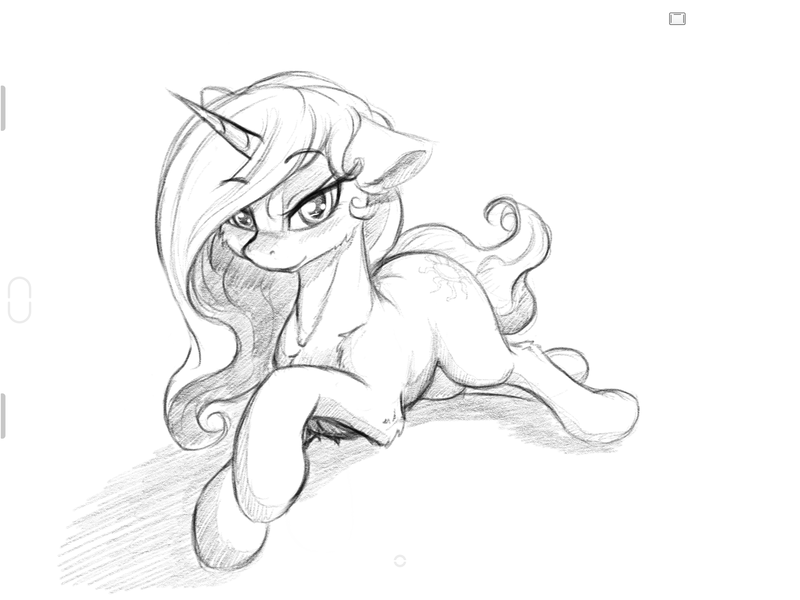 Size: 2048x1536 | Tagged: safe, alternate version, artist:alcor, derpibooru import, princess celestia, pony, unicorn, bedroom eyes, cheek fluff, chest fluff, eyelashes, female, floppy ears, high res, horn, looking at you, mare, monochrome, pose, prone, race swap, raised eyebrow, sexy, simple background, sketch, solo, sultry pose, unicorn celestia, white background