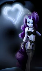 Size: 684x1155 | Tagged: suggestive, artist:ltrm35a2, derpibooru import, rarity, anthro, unicorn, black underwear, bra, breasts, clothes, female, garter belt, magic, mare, panties, smiling, solo, solo female, underwear