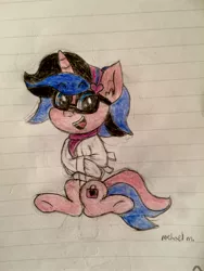 Size: 2448x3264 | Tagged: safe, artist:michaelmaddox222, deleted from derpibooru, derpibooru import, oc, oc:indigo shadow, pony, unicorn, bondage, clothes, female, glasses, headband, lineart, lined paper, lock, looking at you, padlock, scarf, signature, solo, straitjacket, traditional art