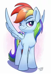 Size: 1392x2000 | Tagged: safe, artist:tsitra360, derpibooru import, rainbow dash, pegasus, pony, female, looking at you, simple background, smug, solo, spread wings, white background, wings