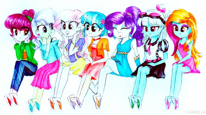 Size: 2126x1195 | Tagged: safe, artist:liaaqila, derpibooru import, coco pommel, fleur-de-lis, photo finish, rarity, sassy saddles, suri polomare, upper crust, equestria girls, alternate hairstyle, barefoot, belt, bow, bracelet, choker, clothes, coat, commission, crossed legs, cute, dress, ear piercing, earring, equestria girls-ified, evening gloves, eyes closed, eyeshadow, feather, feet, female, fetish, foot fetish, glasses, gloves, hair bow, hoodie, jeans, jewelry, laughing, long gloves, makeup, necktie, open mouth, pants, photo finish is unamused, piercing, ponytail, shirt, signature, simple background, skirt, tickle fetish, tickle torture, tickling, traditional art, unamused, white background