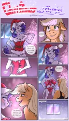 Size: 1851x3239 | Tagged: suggestive, artist:shimazun, derpibooru import, applejack, rarity, anthro, adorasexy, breasts, christmas, comic, cute, daaaaaaaaaaaw, dialogue, female, freckles, hat, holiday, imminent sex, leonine tail, lesbian, love, rarijack, ribbon bikini, santa hat, sexy, shipping, smiling, undressing, window