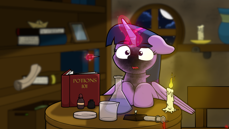 Size: 1920x1080 | Tagged: safe, artist:ljdamz1119, derpibooru import, twilight sparkle, twilight sparkle (alicorn), alicorn, pony, book, bookshelf, candle, cute, dropper, erlenmeyer flask, explosion, female, fire, flask, glowing horn, horn, magic, mare, night, open mouth, paper boat, petri dish, potion, scorched, scroll, solo, soot, surprised, telekinesis, test tube, twiabetes, window