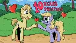 Size: 2880x1620 | Tagged: safe, artist:pony-berserker, derpibooru import, oc, oc:szafalesiaka, unnamed oc, unofficial characters only, earth pony, pony, unicorn, 10, 2018, anniversary, anniversary art, caption, couple, english, female, glasses, grass, happy, heart, holding hooves, looking at each other, love, male, mare, number, open mouth, outdoors, path, shipping, side view, smiling, stallion, standing, touching hooves, tree