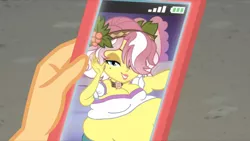 Size: 1024x576 | Tagged: suggestive, artist:jamesawilliams1996, derpibooru import, edit, edited screencap, screencap, applejack, vignette valencia, equestria girls, equestria girls series, rollercoaster of friendship, bbw, bed, bedroom eyes, belly, belly button, big belly, breasts, fat, fat edit, huge belly, laying on bed, on bed, phone, selfie, ssbbw