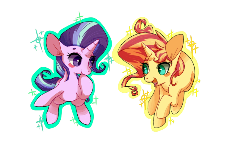 Size: 1000x600 | Tagged: safe, artist:phyllismi, derpibooru import, starlight glimmer, sunset shimmer, pony, unicorn, duo, female, looking at each other, mare, simple background, transparent background