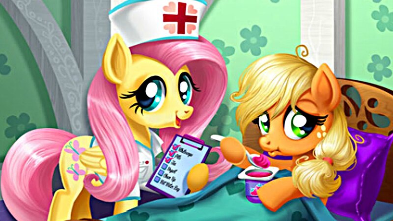 Size: 1280x720 | Tagged: safe, derpibooru import, applejack, fluttershy, earth pony, pegasus, pony, applejack stomach care, bed, blanket, clipboard, duo, female, flash game, folded wings, indoors, looking at you, mare, nurse, nurse outfit, wings, yogurt