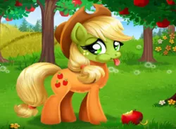 Size: 818x602 | Tagged: safe, derpibooru import, applejack, earth pony, pony, worm, apple, apple tree, applejack stomach care, flash game, flower, food, green face, sick, solo, tongue out, tree