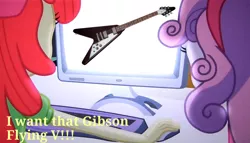 Size: 1256x720 | Tagged: safe, derpibooru import, edit, edited screencap, screencap, apple bloom, sweetie belle, equestria girls, equestria girls (movie), apple bloom's bow, bow, computer, electric guitar, gibson flying v, guitar, hair bow, hairband, musical instrument