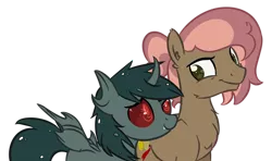 Size: 600x356 | Tagged: safe, artist:sinamuna, derpibooru import, oc, oc:mothwing, oc:show stopper, unofficial characters only, changeling, earth pony, pony, base used, borrowed oc, changeling oc, changeling wings, facial hair, fangs, female, green eyes, green hair, horn, male, nextgen:sinverse, oc x oc, offspring, offspring shipping, parent:button mash, parent:sweetie belle, parents:sweetiemash, pink hair, red eyes, sassy, shipping, simple background, smiling, smirk, straight, stubble, transparent background, wings