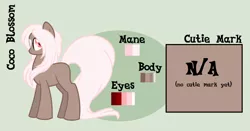 Size: 900x473 | Tagged: safe, artist:sinamuna, derpibooru import, oc, oc:coco blossom, unofficial characters only, earth pony, pony, base used, brown fur, female, mare, nextgen:pandaverse, offspring, parent:doctorwhooves, parent:fluttershy, parent:time turner, parents:doctorshy, pink hair, red eyes, reference sheet, solo
