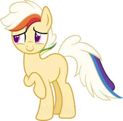 Size: 400x393 | Tagged: safe, artist:sinamuna, derpibooru import, oc, oc:rocket sprint, unofficial characters only, earth pony, pony, base used, blonde hair, magical lesbian spawn, male, multicolored hair, nextgen:sinverse, offspring, parent:applejack, parent:rainbow dash, parents:appledash, purple eyes, rainbow hair, shy, solo, stallion, yellow fur