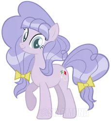 Size: 400x436 | Tagged: safe, artist:sinamuna, derpibooru import, oc, oc:sugar stitch, unofficial characters only, earth pony, pony, base used, blue eyes, female, mare, nextgen:sinverse, offspring, parent:pinkie pie, parent:royal pin, parents:royalpie, purple fur, purple hair, solo, watermark