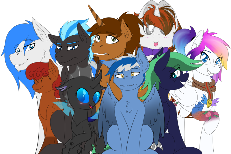 Size: 5065x3387 | Tagged: safe, artist:crowneprince, artist:waveywaves, artist:wcnimbus, derpibooru import, oc, oc:coppercore, oc:firefly, oc:lumi, oc:middy, oc:nimbus, oc:nova breeze, oc:snowstorm, oc:waves, oc:winter, unofficial characters only, changeling, pegasus, pony, sphinx, unicorn, 2019 community collab, derpibooru community collaboration, absurd resolution, blind, bowtie, charm, clothes, cutie mark, female, group photo, looking at you, male, mare, scarf, simple background, stallion, tattoo, transparent background