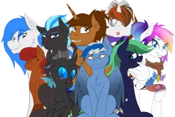 Size: 5065x3387 | Tagged: safe, artist:crowneprince, artist:waveywaves, artist:wcnimbus, derpibooru import, oc, oc:coppercore, oc:firefly, oc:lumi, oc:middy, oc:nimbus, oc:nova breeze, oc:snowstorm, oc:waves, oc:winter, unofficial characters only, changeling, pegasus, pony, sphinx, unicorn, 2019 community collab, derpibooru community collaboration, absurd resolution, blind, bowtie, charm, clothes, cutie mark, female, group photo, looking at you, male, mare, scarf, simple background, stallion, tattoo, transparent background