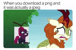 Size: 704x468 | Tagged: safe, derpibooru import, edit, edited screencap, screencap, autumn blaze, tempest shadow, kirin, pony, unicorn, sounds of silence, caption, disgusted, exploitable meme, image macro, meme, meta, scam, shitposting, text, tongue out