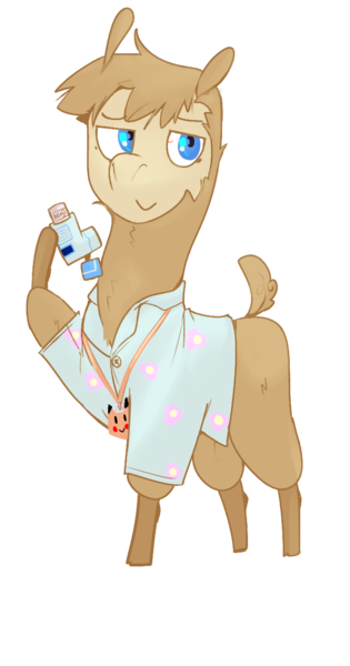 Size: 668x1272 | Tagged: safe, alternate version, artist:lawrence alpaca, derpibooru import, oc, oc:lawrence, alpaca, 2019 community collab, derpibooru community collaboration, blue eyes, clothes, flower, hawaiian shirt, inhaler, shirt, simple background, solo, transparent background