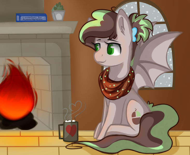 Size: 2750x2250 | Tagged: safe, artist:blocksy-art, derpibooru import, oc, oc:cocoa dot, bat pony, pony, bat pony oc, bat wings, clothes, female, fireplace, mare, mug, scarf, sitting, solo, wings