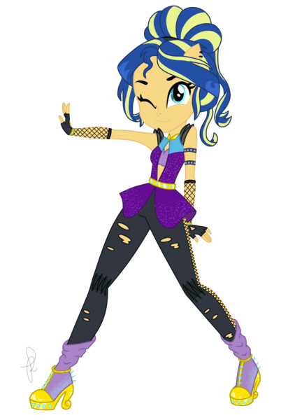 Size: 1490x2170 | Tagged: safe, artist:ilaria122, derpibooru import, oc, oc:shining swirls, equestria girls, boots, clothes, female, fingerless gloves, gloves, leather leggings, next generation, offspring, one eye closed, parent:flash sentry, parent:sunset shimmer, parents:flashimmer, ponied up, ripped pants, shoes, simple background, smiling, solo, transparent background