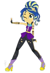 Size: 1490x2170 | Tagged: safe, artist:ilaria122, derpibooru import, oc, oc:shining swirls, equestria girls, boots, clothes, female, fingerless gloves, gloves, leather leggings, next generation, offspring, one eye closed, parent:flash sentry, parent:sunset shimmer, parents:flashimmer, ponied up, ripped pants, shoes, simple background, smiling, solo, transparent background