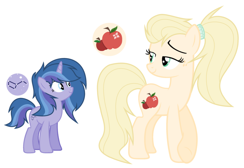 Size: 3128x2156 | Tagged: safe, artist:valeidi, derpibooru import, oc, oc:alpha centauri, oc:florina apple, earth pony, pony, unicorn, base used, cutie mark, duo, female, freckles, lidded eyes, mare, offspring, outline, parent:applejack, parent:caramel, parent:flash sentry, parent:twilight sparkle, parents:carajack, parents:flashlight, ponytail