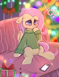 Size: 1635x2130 | Tagged: safe, artist:pesty_skillengton, derpibooru import, fluttershy, pony, blushing, bottomless, chair, clothes, commission, confused, covering mouth, cute, daaaaaaaaaaaw, featureless crotch, female, floppy ears, garland, hall, headphones, heart eyes, iphone, partial nudity, present, shyabetes, sitting, smiling, solo, sweater, sweatershy, three quarter view, tree, wingding eyes, ych result