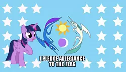 Size: 850x486 | Tagged: 1000 years in photoshop, alicorn, alliance, caption, derpibooru import, equestrian flag, image macro, impact font, meme, patriotic, pledge, safe, shitposting, text, the times they are a changeling, twilight sparkle, twilight sparkle (alicorn)