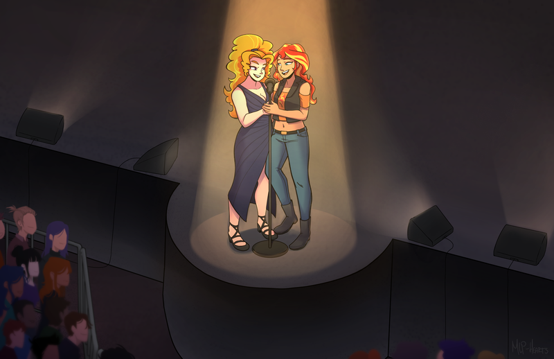 Size: 5100x3300 | Tagged: safe, artist:mlp-hearts, derpibooru import, adagio dazzle, sunset shimmer, equestria girls, commission, concert, duet, female, lesbian, shipping, sunsagio