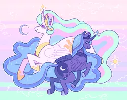 Size: 1280x1015 | Tagged: safe, artist:sillyrapids, derpibooru import, princess celestia, princess luna, alicorn, horse, pony, beautiful, butt, curved horn, cute, duo, ethereal mane, female, flowing mane, horn, jewelry, magic, mare, moon, moon work, plot, princess celestia is a horse, profile, regalia, royal sisters, siblings, sisters, smiling, sparkles, sun, sun work