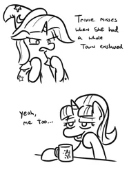 Size: 532x711 | Tagged: safe, artist:jargon scott, derpibooru import, starlight glimmer, trixie, pony, unicorn, black and white, coffee, coffee mug, comic, dialogue, duo, female, grayscale, implied theft, implied twilight sparkle, mare, monochrome, mug, simple background, white background