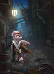 Size: 1600x2158 | Tagged: safe, artist:helmie-art, derpibooru import, oc, oc:jordan, unofficial characters only, pegasus, pony, cigarette, city, clothes, coat, lamppost, male, scenery, signature, solo, town