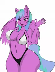 Size: 1015x1339 | Tagged: anthro, artist needed, bikini, breasts, clothes, derpibooru import, female, multicolored hair, multicolored tail, oc, oc:skylas, pegasus, solo, suggestive, swimsuit, unofficial characters only, wings