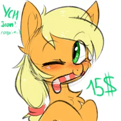 Size: 3000x3000 | Tagged: safe, artist:pesty_skillengton, derpibooru import, applejack, pony, advertisement, candy, chest fluff, commission, cute, food, icon, jackabetes, solo, sweat, your character here