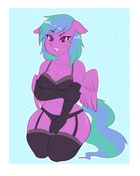 Size: 3542x4441 | Tagged: anthro, artist:wasabi, breasts, clothes, derpibooru import, female, garter belt, lingerie, multicolored hair, multicolored tail, oc, oc:skylas, panties, pegasus, solo, suggestive, underwear, unofficial characters only, wings