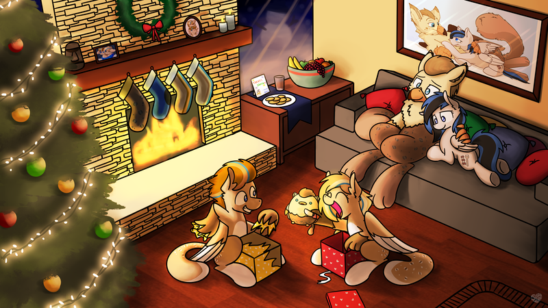 Size: 3840x2160 | Tagged: safe, artist:sugar morning, derpibooru import, oc, oc:bolton, oc:kezzie, oc:quill (kezter), oc:quinn (bolton), unofficial characters only, gryphon, pegasus, pony, apple, banana, bolzie, candle, christmas, christmas lights, christmas stocking, christmas tree, christmas wreath, cookie, couch, family, female, fireplace, food, fruit, griffon oc, happy, hearth, holiday, mare, open mouth, ornament, parent:oc:bolton, parent:oc:kezzie, parents:bolzie, pillow, plate, present, smiling, tree, wreath