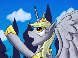 Size: 1024x768 | Tagged: alicorn, alicornified, artist:earthquake87, crown, derpibooru import, derpicorn, derpy hooves, hoof shoes, jewelry, looking up, princess, race swap, regalia, safe, simple background, smiling, spread wings, video in description, waving, wings