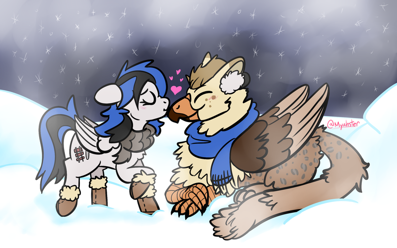 Size: 2400x1500 | Tagged: safe, artist:myahster, derpibooru import, oc, oc:bolton, oc:kezzie, unofficial characters only, gryphon, pegasus, pony, bolzie, griffon oc, interspecies, oc x oc, shipping, snow, winter