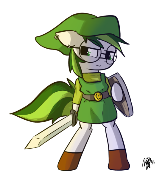 Size: 1042x1149 | Tagged: 2019 community collab, artist:tallaferroxiv, bipedal, clothes, cosplay, costume, derpibooru community collaboration, derpibooru import, glasses, link, male, oc, oc:greenish fury, piercing, safe, shield, simple background, solo, sword, the legend of zelda, transparent background, unofficial characters only, weapon