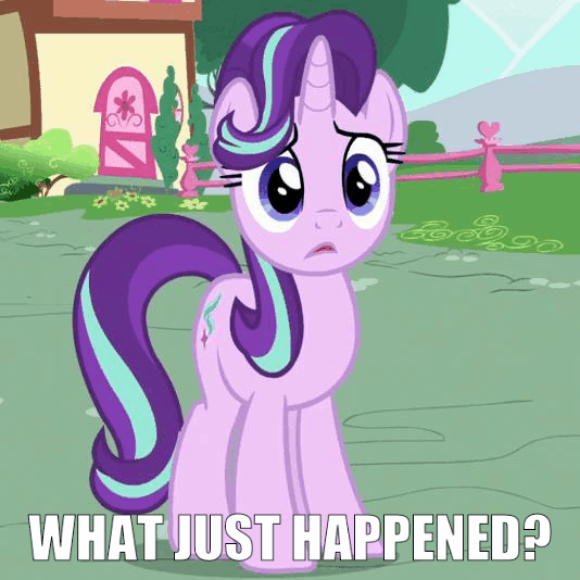Size: 534x534 | Tagged: safe, derpibooru import, edit, edited screencap, editor:axal-5, screencap, starlight glimmer, pony, unicorn, to where and back again, animated, caption, confused, cropped, cute, female, gif, glimmerbetes, image macro, loop, mare, meme, ponyville, raised hoof, reaction image, solo, text, text edit, what just happened