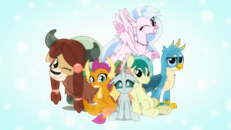 Size: 1600x900 | Tagged: safe, artist:jhayarr23, artist:sailortrekkie92, derpibooru import, edit, gallus, ocellus, sandbar, silverstream, smolder, yona, changedling, changeling, classical hippogriff, dragon, earth pony, gryphon, hippogriff, pony, yak, cloven hooves, cute, diaocelles, diastreamies, dragoness, female, flying, gallabetes, happy, horns, looking at you, male, one eye closed, sandabetes, sitting, smiling, smolderbetes, stallion, student six, tail, teenager, wallpaper, wallpaper edit, wink, yonadorable