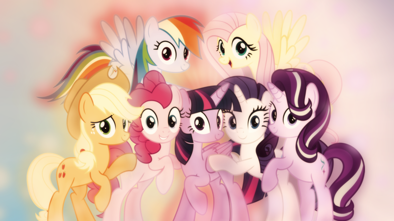 Size: 1600x900 | Tagged: safe, artist:jhayarr23, artist:sailortrekkie92, derpibooru import, edit, applejack, fluttershy, pinkie pie, rainbow dash, rarity, starlight glimmer, twilight sparkle, twilight sparkle (alicorn), alicorn, earth pony, pegasus, pony, unicorn, the mean 6, cowboy hat, female, flying, hat, looking at you, mane six, mare, smiling, wallpaper, wallpaper edit