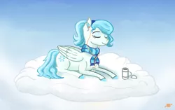 Size: 1280x803 | Tagged: safe, artist:shiropoint, derpibooru import, oc, oc:snow-wing, unofficial characters only, pegasus, pony, clothes, cloud, on a cloud, scarf, thermos